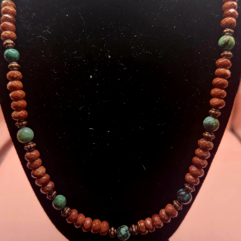 Goldstone, African Turquoise, and Copper Beaded Necklace